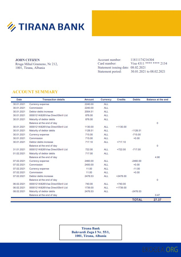 Relevé bancaire Albanie Tirana